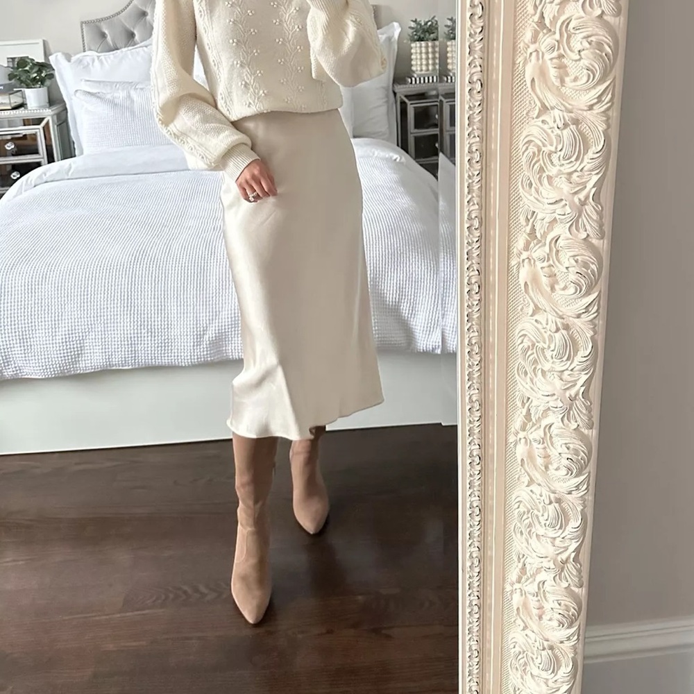 Quince Women's Champagne Silk Midi Skirt XS 🥂 Bias Cut Washable Elastic ✨ EUC